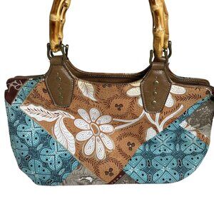 Relic Boho Patchwork Handbag With Bamboo Handles & Leather Accents Retro Style
